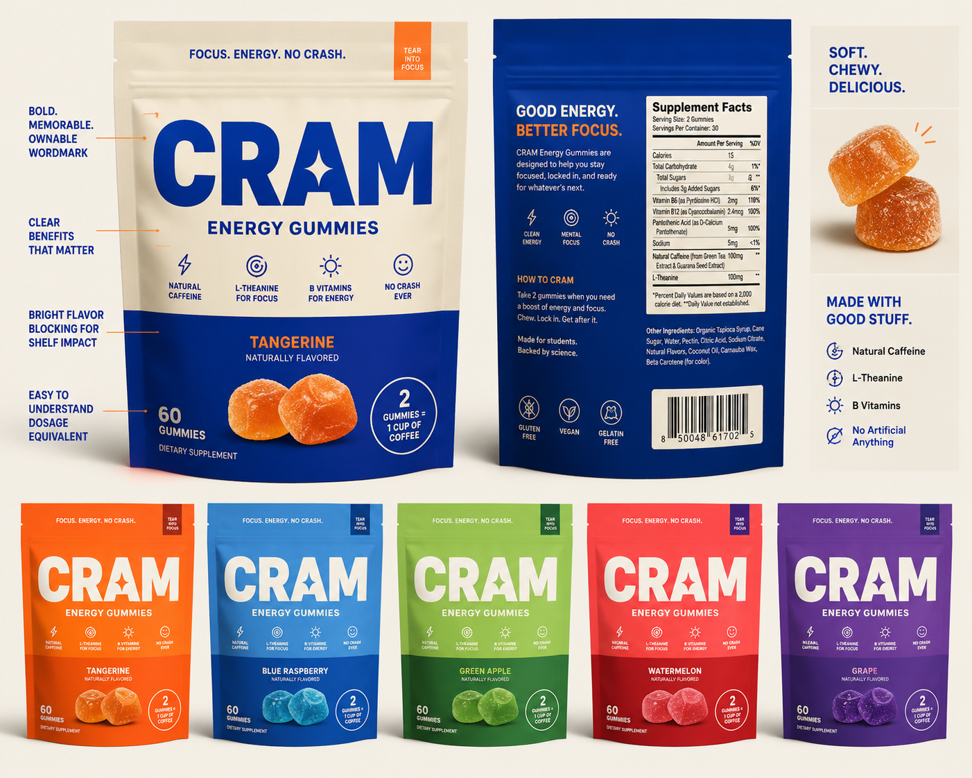 CRAM larger bag mockups featuring multiple flavors and front and back packaging views