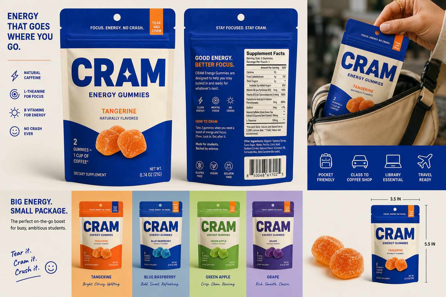 CRAM pouch mockups showing single-serve energy gummy formats and portability